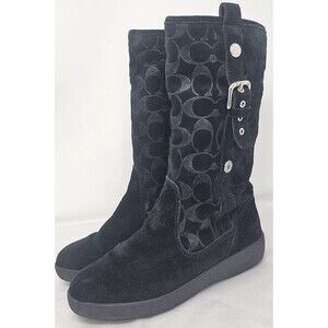 Coach Tulip Women's 5.5B Black Winter Suede Boot Fur Lined Buckle Signature Logo